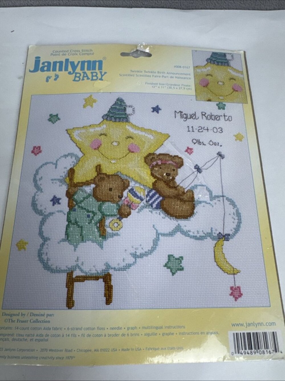 2003 Twinkle Twinkle Birth Announcement Counted Cross Stitch bears moon star NEW